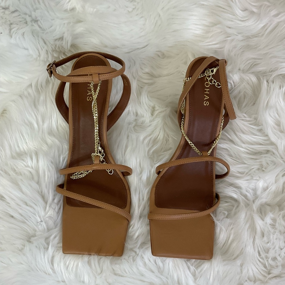 NEW REVOLVE Alohas Camel Chain Strap Leather Heeled Open Square Toe Sandals 8.5 - Picture 4 of 9